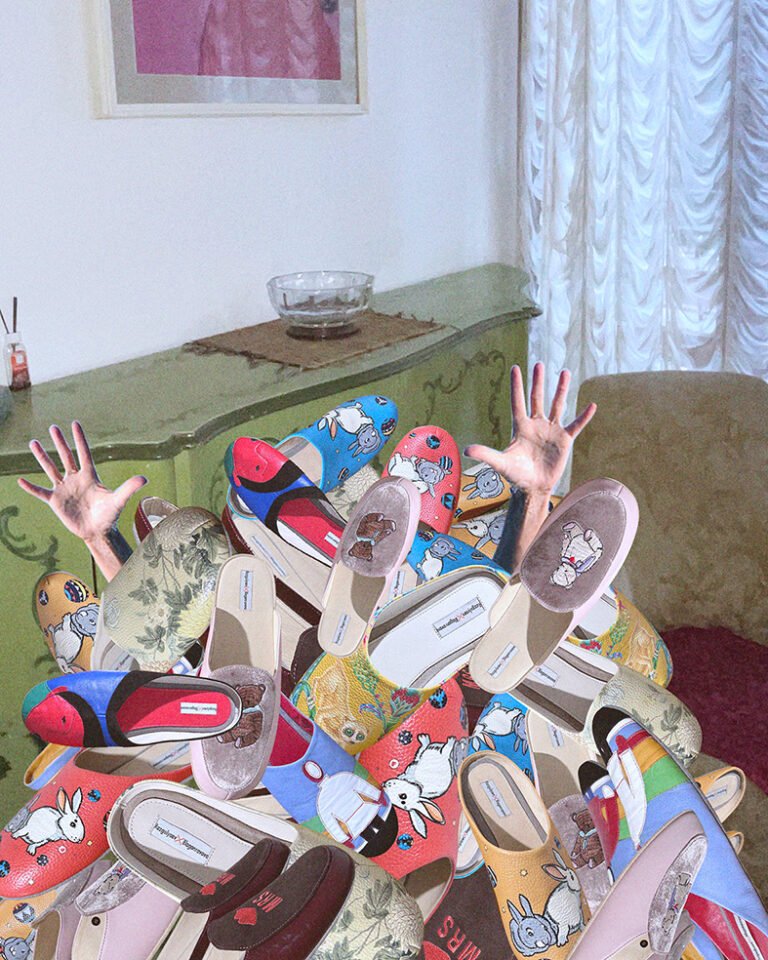 Photographic collage with a pile of slippers