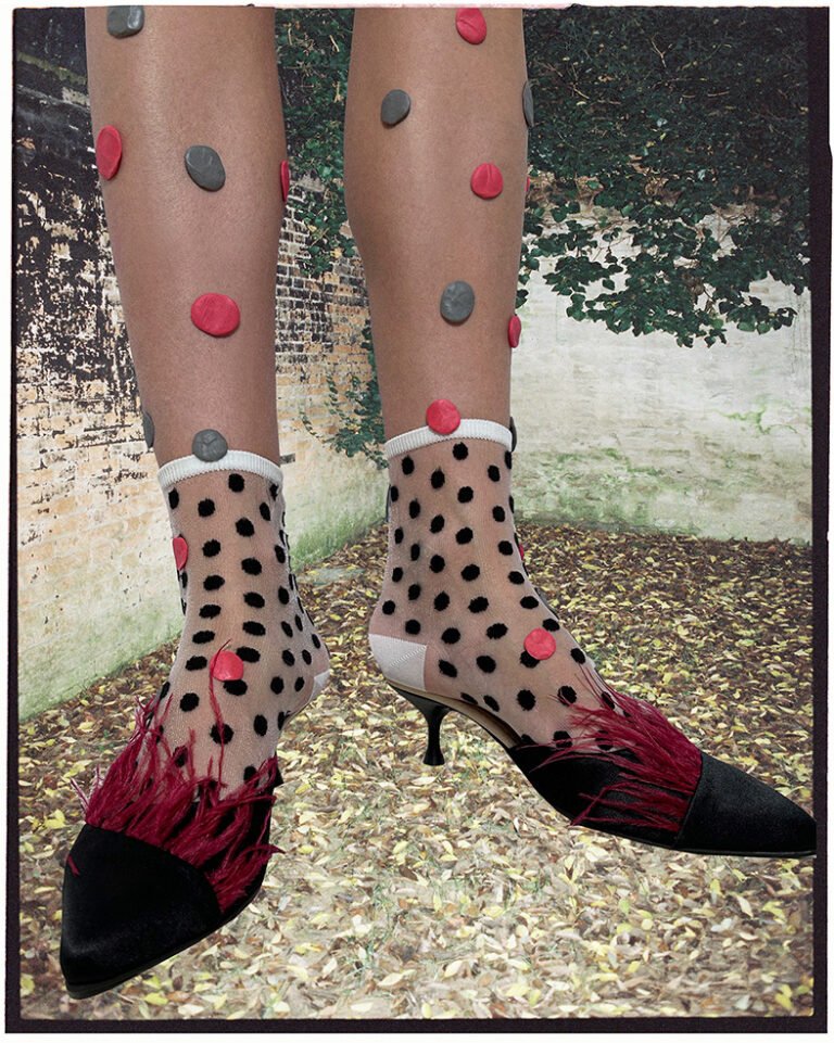 Photographic collage of woman's legs in polka dot socks and black mule shoes with red feathers