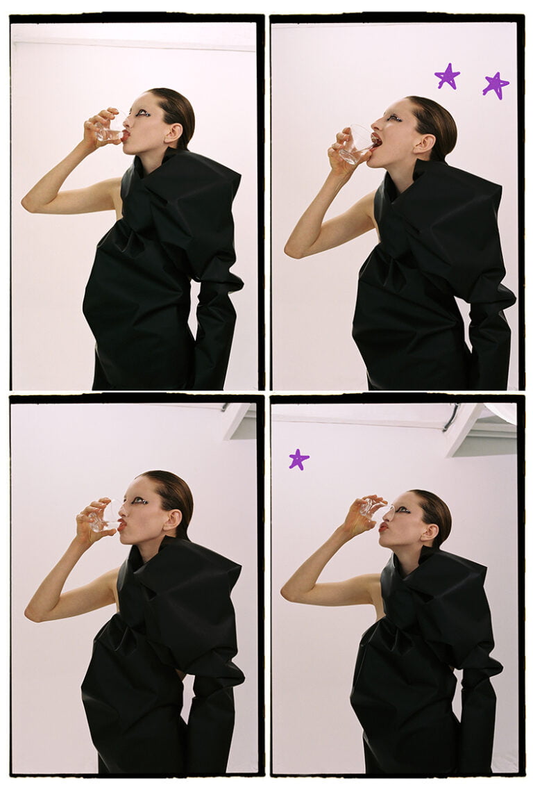 Four photographs of a model in black drinking water from a glass