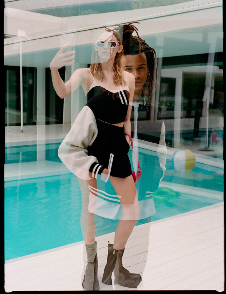 Double exposure photograph with two young people next two the pool