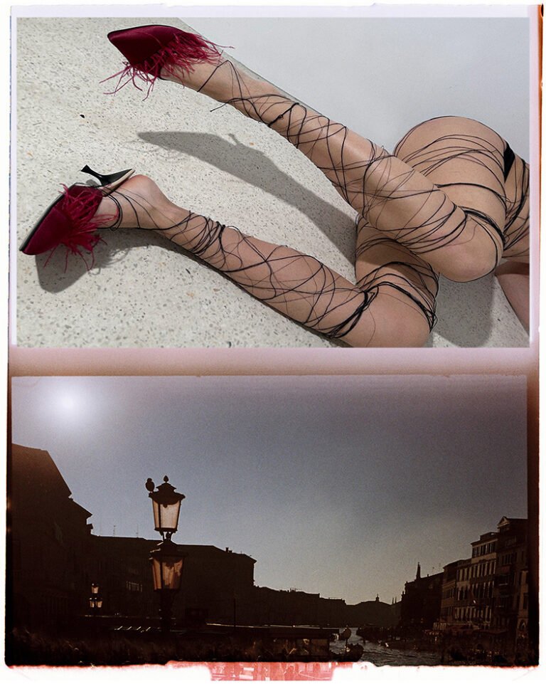 Two photos with woman's legs in red shoes at the top and a city view at the bottom