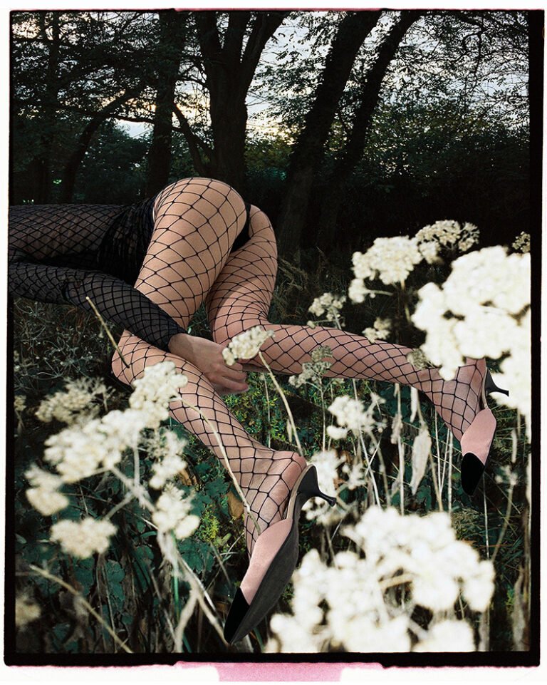 Collage with woman's legs with mule shoes on them and white flowers around